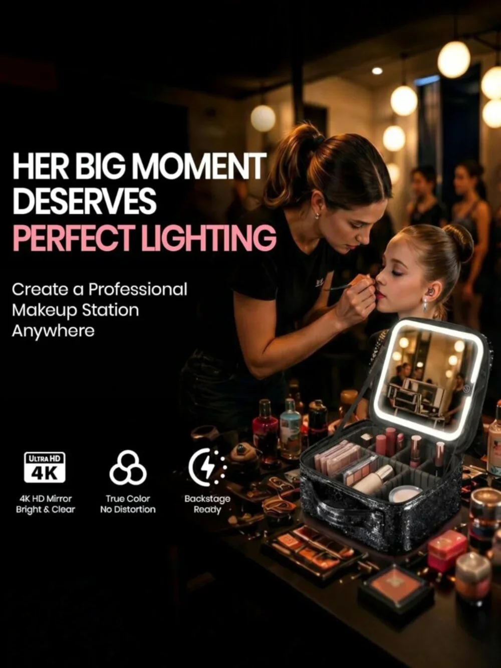 NEW Large Makeup Bag Detachable 4K LED Mirror Rechargeable Travel Case Organizer